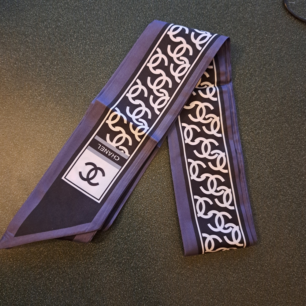 CHANEL Purple and White Logo Silk Twilly Scarf